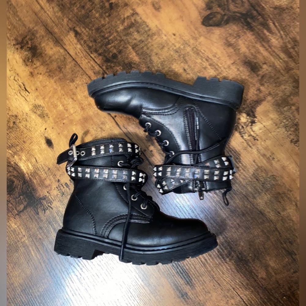 Girls Leather Combat Boots NEW Black